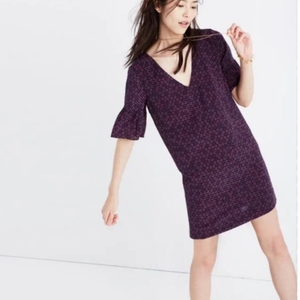 Madewell 100% Silk Floral Painted Clover Ruffle Bell Sleeve Dress
